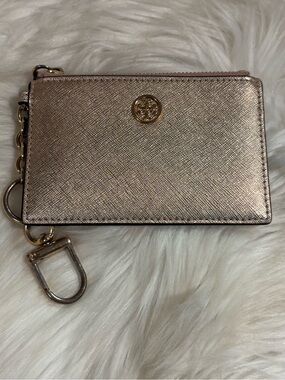 Tory Burch Top Zip Card Case Wallet Rose Gold Shiny 5.51 x 3.54
